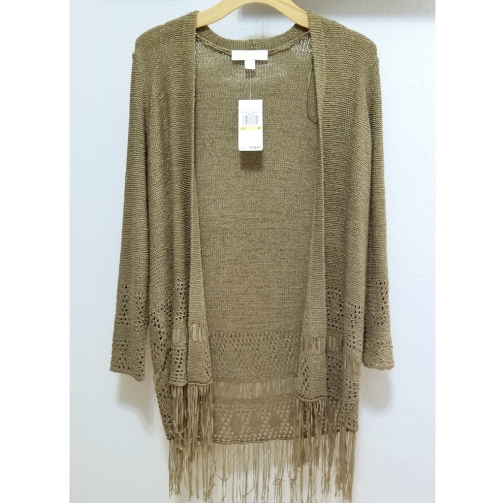 Michael Kors Green Knit Fringe Long Sweater Duster